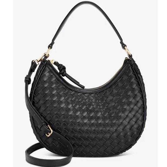 Macy's On 34th woven faux-leather shoulder hobo crossbody bag - Black - Picture 9 of 13